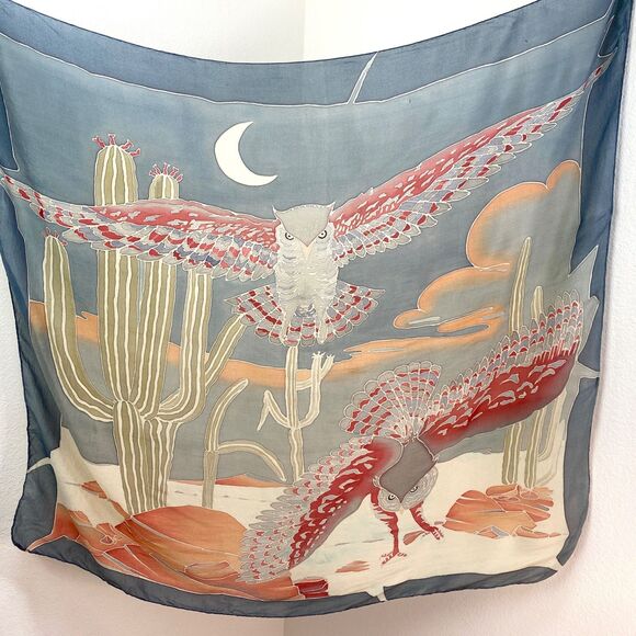 Large Square Flying Owl Scarf Desert Scene Lightweight 40"X42" Hand Rolled Silk - Picture 1 of 7
